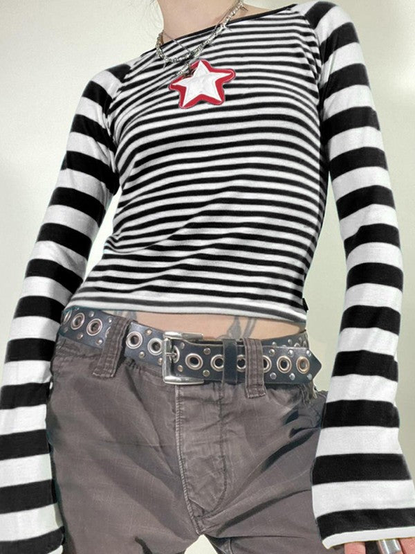 Star Embroidery Striped Long Sleeve Crop Top