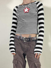 Star Embroidery Striped Long Sleeve Crop Top
