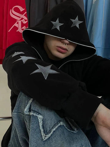 Men's Punk Star Embroidery Zip Up Hoodie