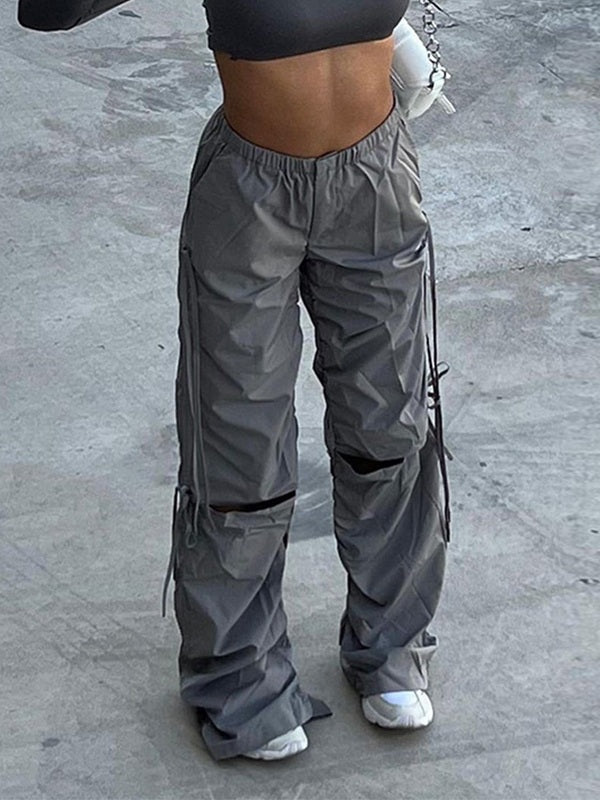 Tie Strap Cutout Parachute Cargo Pants