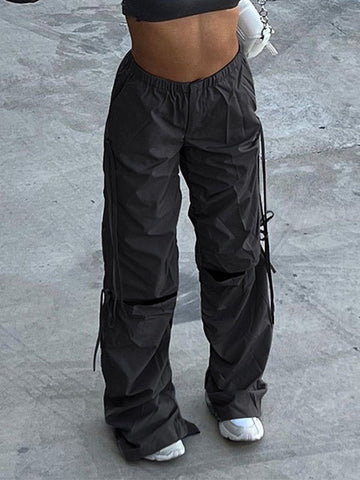 Tie Strap Cutout Parachute Cargo Pants