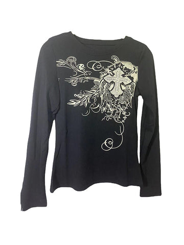 Cross Printed Black Long Sleeve Top