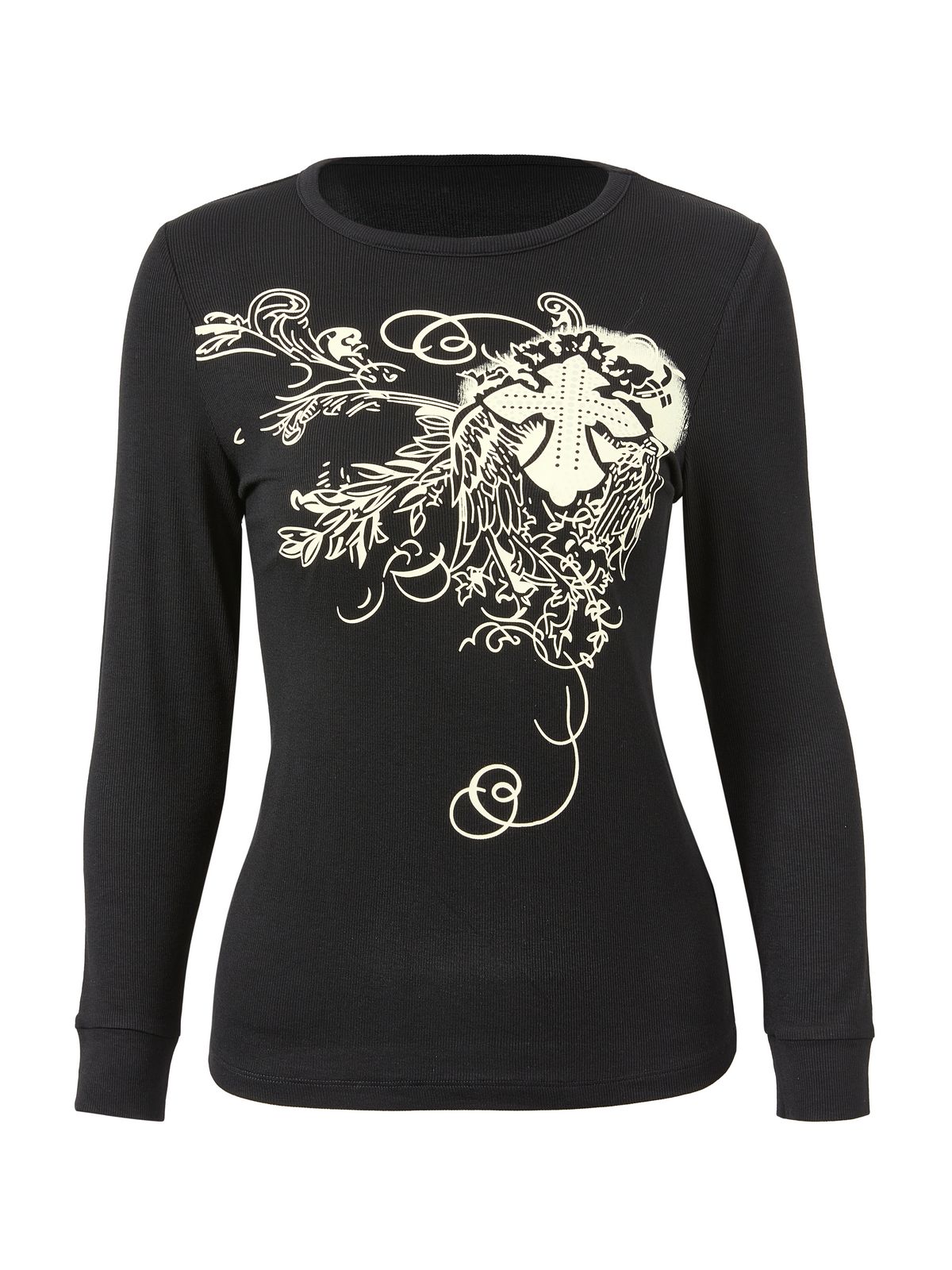 Cross Printed Black Long Sleeve Top