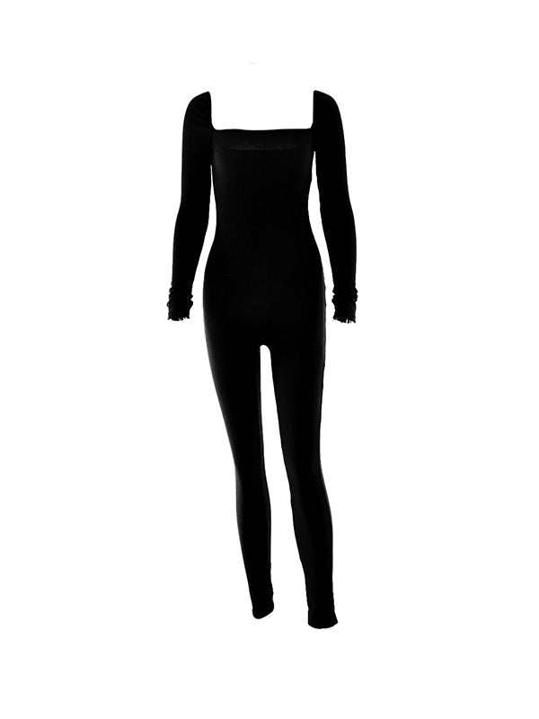 Schwarzer rückenfreier Langarm-Jumpsuit