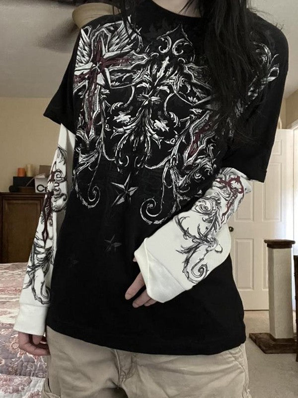 Punk Patchwork Long Sleeve Graphic Tee