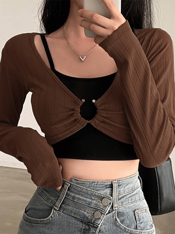 Conjunto de top de manga larga y camisola de punto acanalado