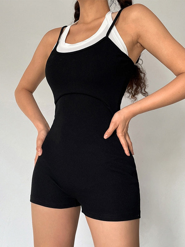 Halter Patchwork Ribbed Black Romper