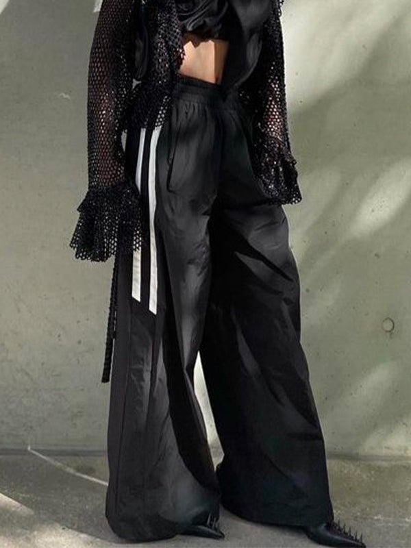 Side Striped Black Wide Leg Pants