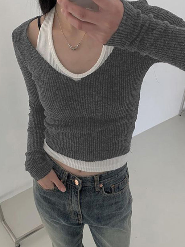 Patchwork Halter Knitted Long Sleeve Crop Top