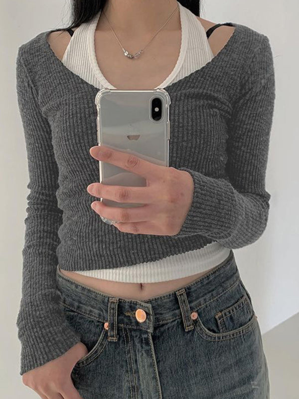 Patchwork Halter Knitted Long Sleeve Crop Top