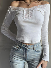 White Lace Trim Ribbed Long Sleeve Crop Top