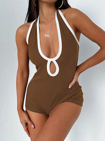 Sleeveless Cutout Halter Ribbed Romper