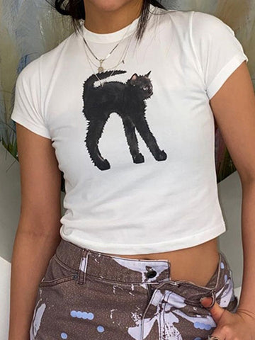 Black Cat Printed Crop Top