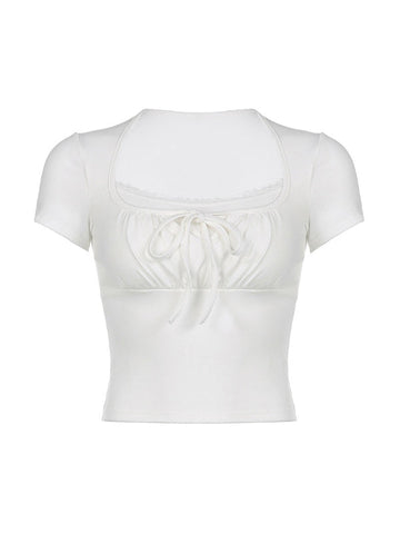 Tie Front Patchwork White Crop Top