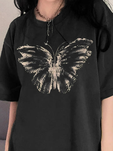 Camiseta gráfica de manga corta con mariposa vintage