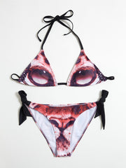 Leopard Print Hanging Neck Lace Up Triangle Bikini
