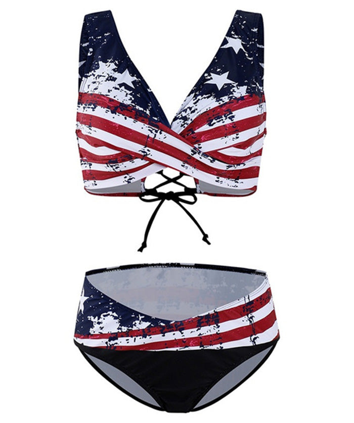 Star And Stripe Print Cross Bandage High Waist Bikini