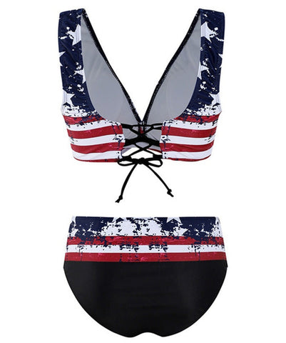 Star And Stripe Print Cross Bandage High Waist Bikini