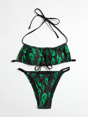 Bandeau-Bikini mit Flammen-Print