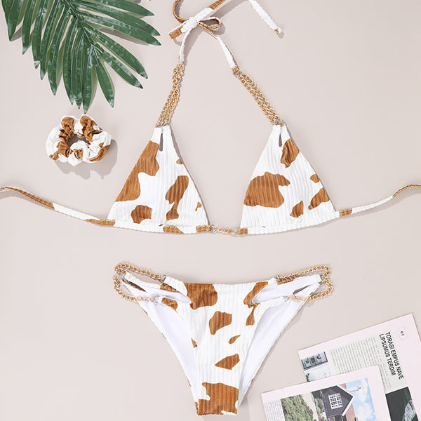 Cow Print Halter Chain Bikini Set