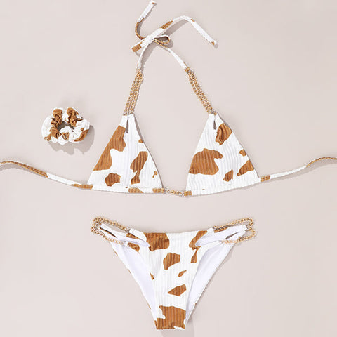 Conjunto de bikini con cadena y cuello halter con estampado de vaca