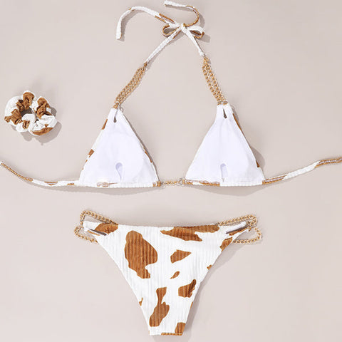 Neckholder-Bikini-Set mit Kette und Kuh-Print