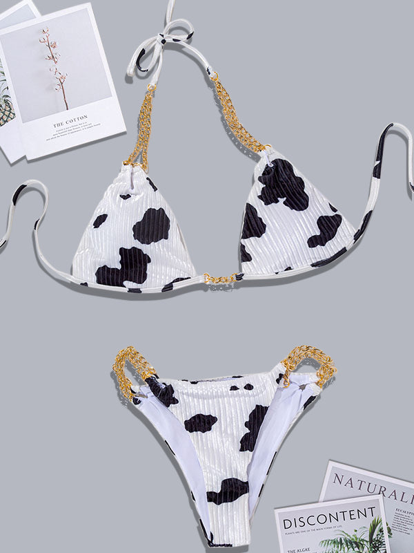Cow Print Halter Chain Bikini Set