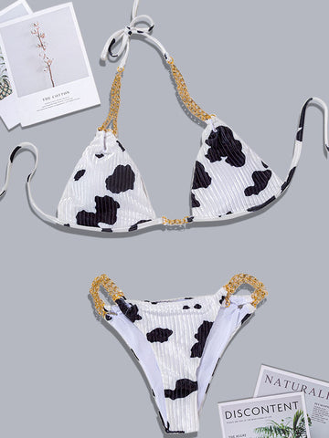 Neckholder-Bikini-Set mit Kette und Kuh-Print