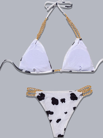 Neckholder-Bikini-Set mit Kette und Kuh-Print