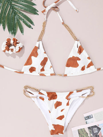 Neckholder-Bikini-Set mit Kette und Kuh-Print