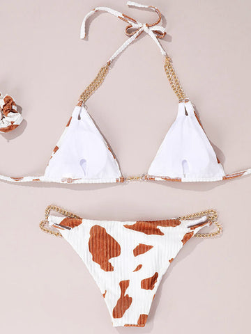 Neckholder-Bikini-Set mit Kette und Kuh-Print