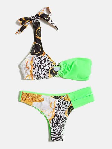 Conjunto de bikini con estampado de leopardo en contraste