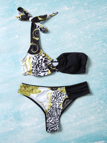 Conjunto de bikini con estampado de leopardo en contraste