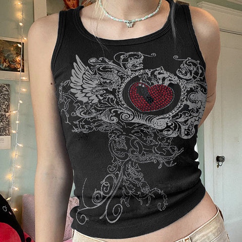 Heart Rhinestone Rib Crop Tank Top