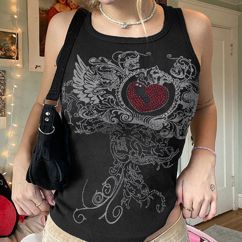 Heart Rhinestone Rib Crop Tank Top