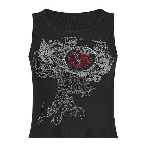 Heart Rhinestone Rib Crop Tank Top