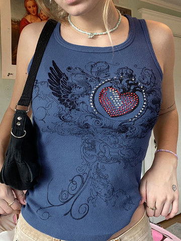 Heart Rhinestone Rib Crop Tank Top