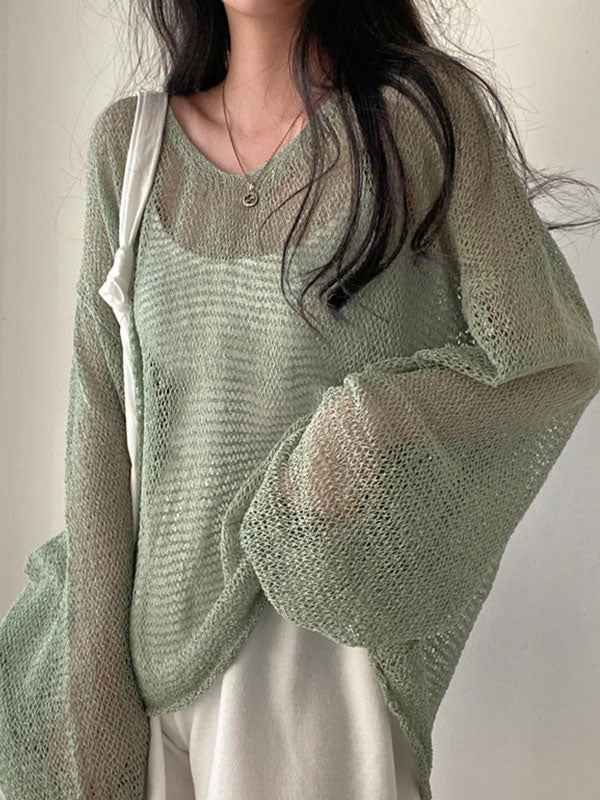 Oversized Long Sleeve Crochet Knit Top