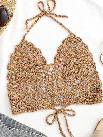 Top corto de punto de crochet con cuello halter