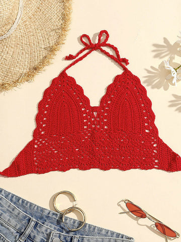 Top corto de punto de crochet con cuello halter