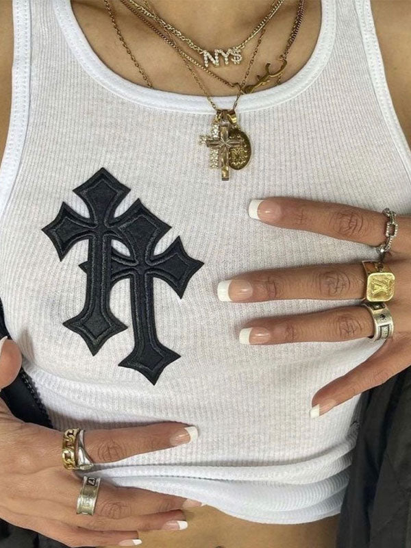 Star Embroidered Rib Cropped Tank Top