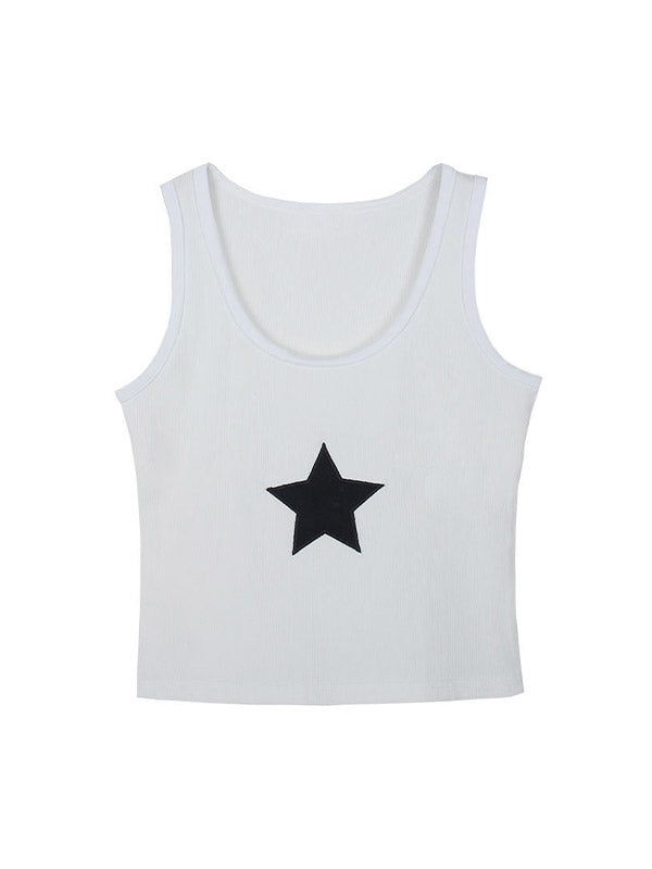 Star Embroidered Rib Cropped Tank Top