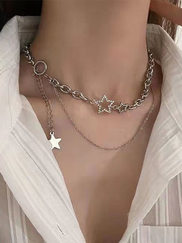 Rhinestone Star Decor Layered Chain Necklace