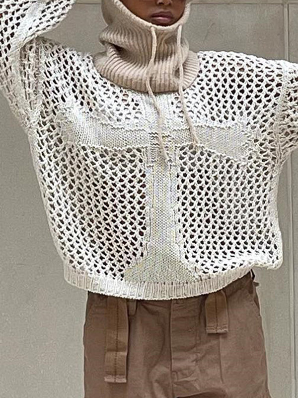 Cross Pattern Crochet Hollow Long Sleeve Knit Top