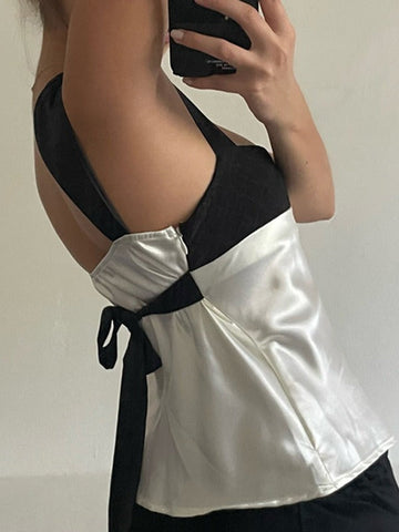 Tie Back Patchwork Satin Tank Top