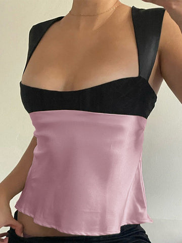 Tie Back Patchwork Satin Tank Top