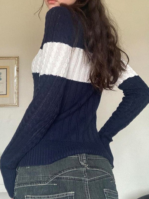 V Neck Striped Cable Knit Top