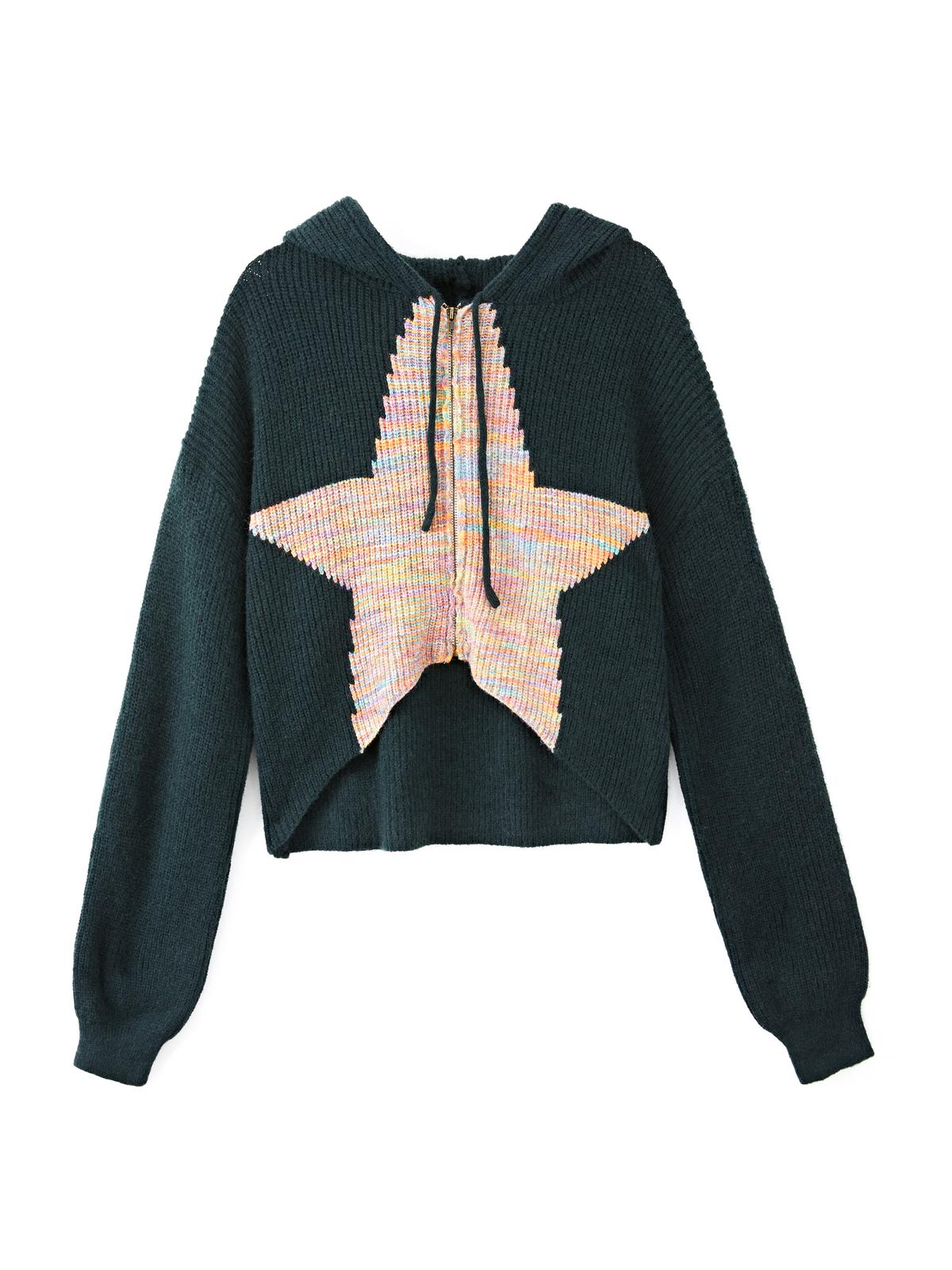 Star Jacquard Zip Up Hooded Knit Cardigan