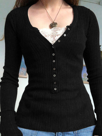 Lace Paneled Button Long Sleeve Knit Top