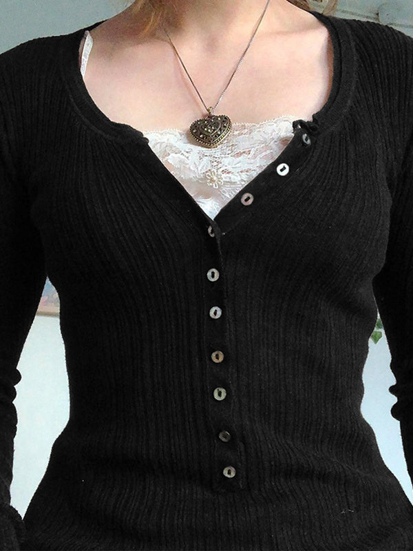 Lace Paneled Button Long Sleeve Knit Top